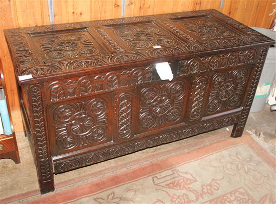 Early 18thC carved oak panelled coffer